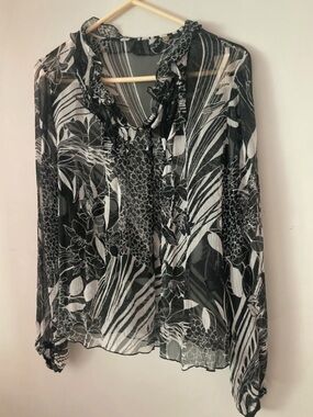 100% silk boho sheer Black & White Floral Ruffle Blouse - Women Tops